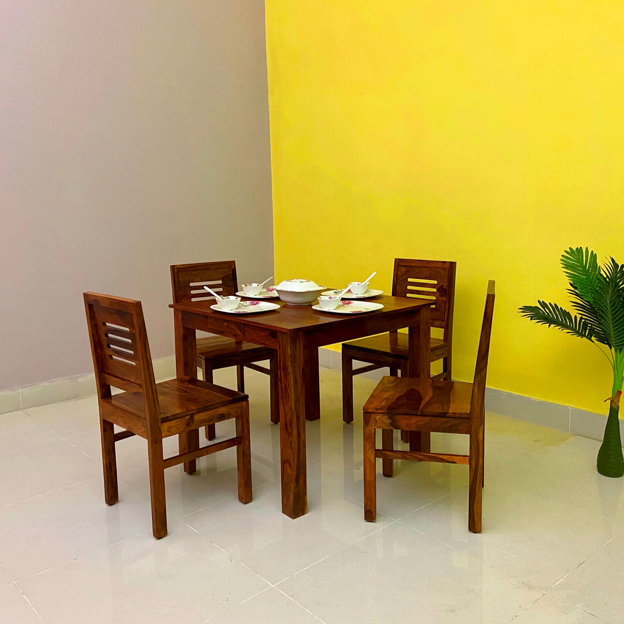 Cairo Solid Sheesham Wood Square 4 Seater Dining Table Set - 3 Years Warranty