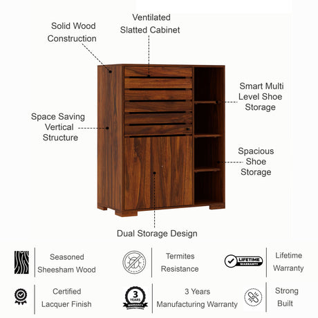 CAIRO Solid Sheesham Wood Shoe Rack Cabinet - 3 Years Warranty