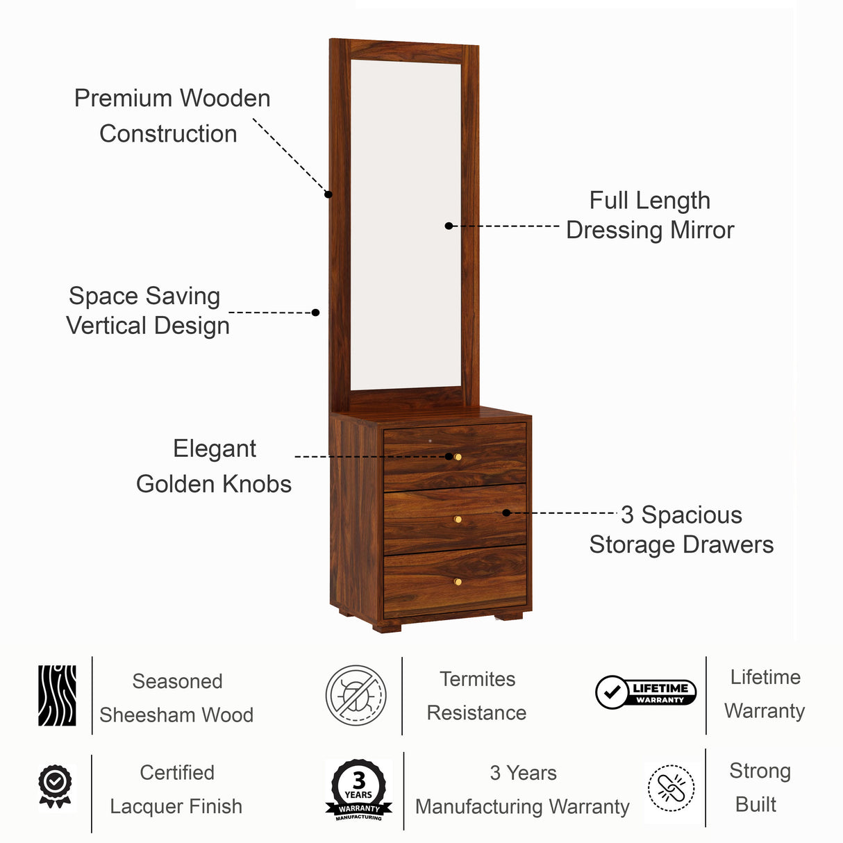 Swiss Solid Sheesham Wood Dressing Table - 3 Years Warranty