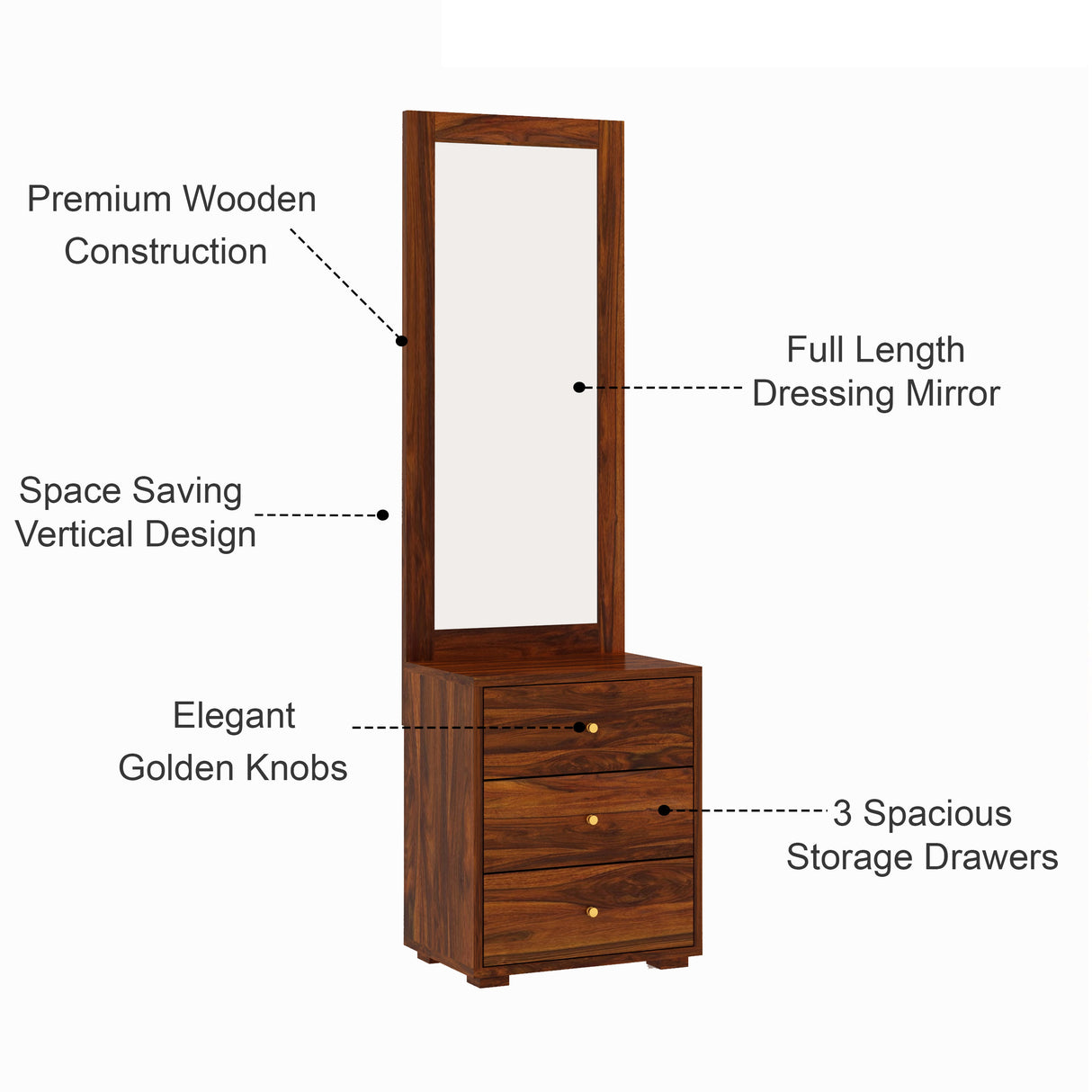 Swiss Solid Sheesham Wood Dressing Table - 3 Years Warranty