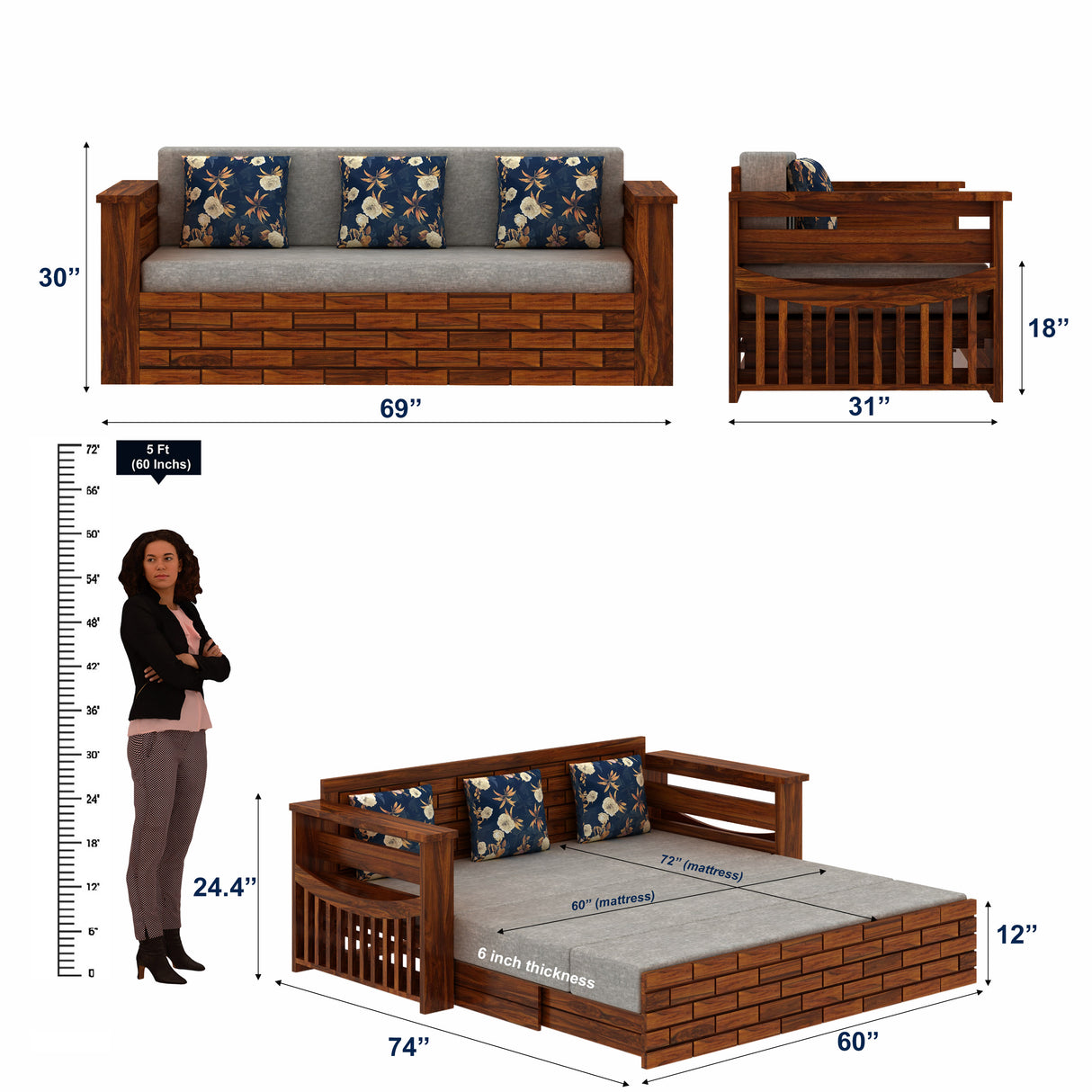 Italian Solid Sheesham Wood 3 Seater Sofa Cum Bed With Headboard and Mini Storage - 3 Year Warranty