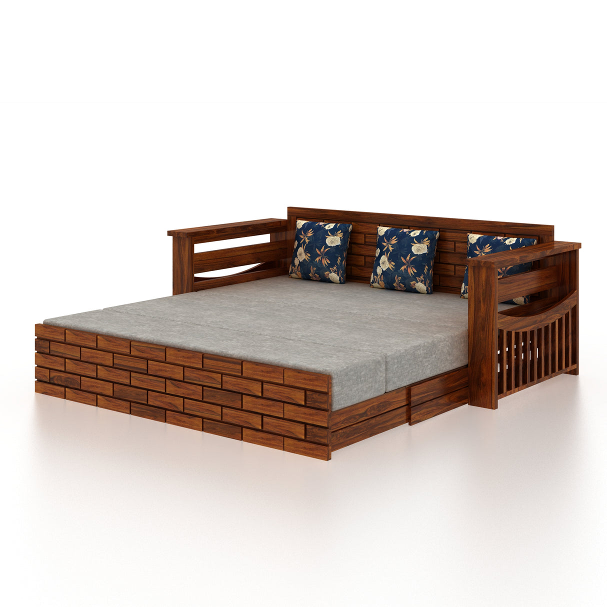 Italian Solid Sheesham Wood 3 Seater Sofa Cum Bed With Headboard and Mini Storage - 3 Year Warranty