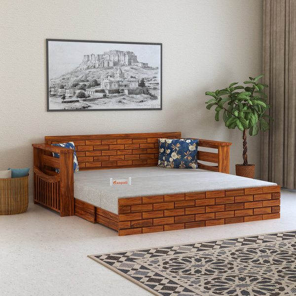 Italian Solid Sheesham Wood 3 Seater Sofa Cum Bed With Headboard and Mini Storage - 3 Year Warranty