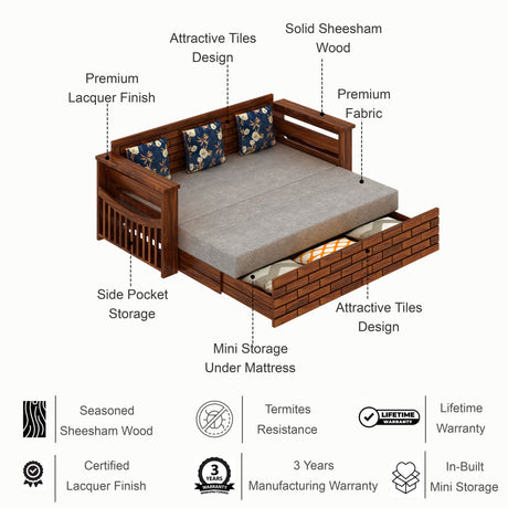 Italian Solid Sheesham Wood 3 Seater Sofa Cum Bed With Headboard and Mini Storage - 3 Year Warranty