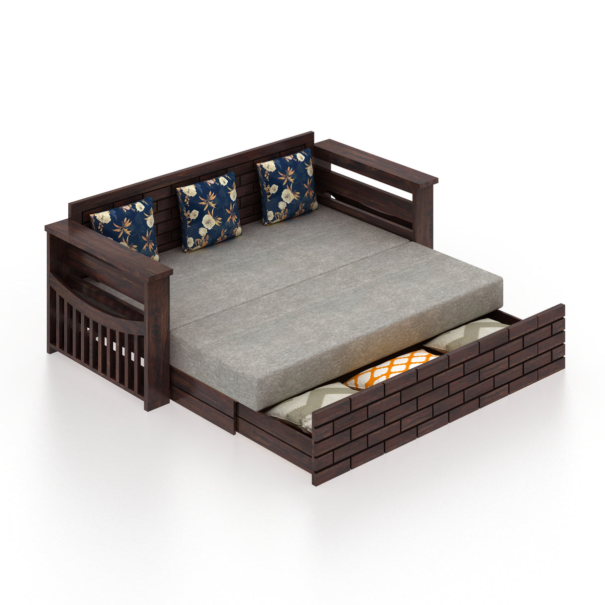 Italian Solid Sheesham Wood 3 Seater Sofa Cum Bed With Headboard and Mini Storage - 3 Year Warranty