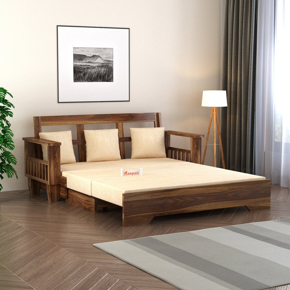 Maharaja Solid Sheesham Wood 3 Seater Sofa Cum Bed With Side Pockets - 3 Years Warranty