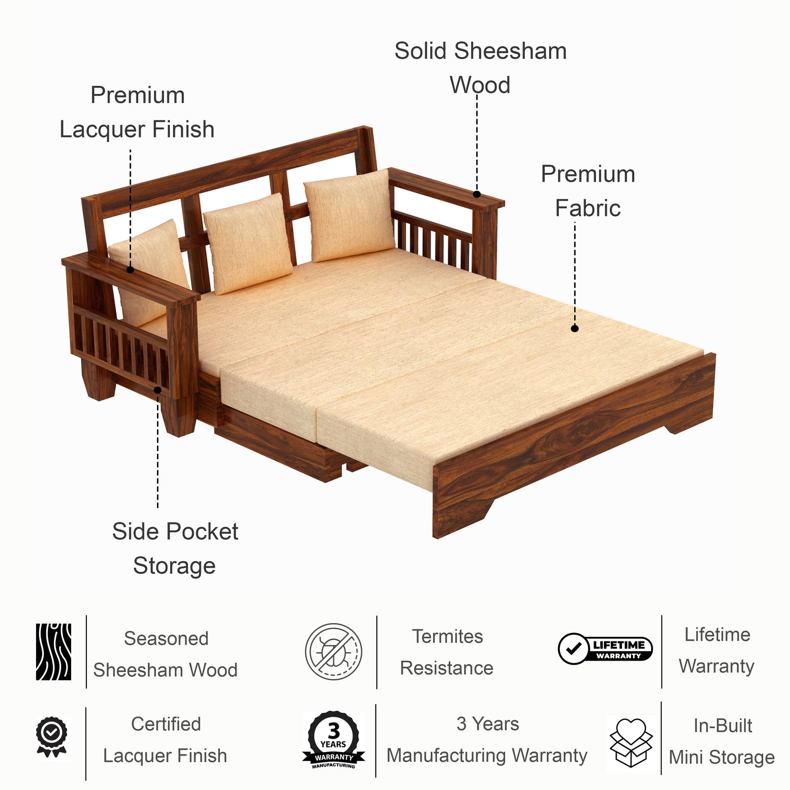 Maharaja Solid Sheesham Wood 3 Seater Sofa Cum Bed With Side Pockets - 3 Years Warranty features