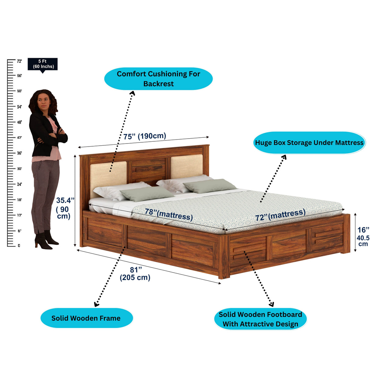 Swiss Solid Sheesham Wood Box Storage Bed With Upholstered Backrest - 3 years Warranty