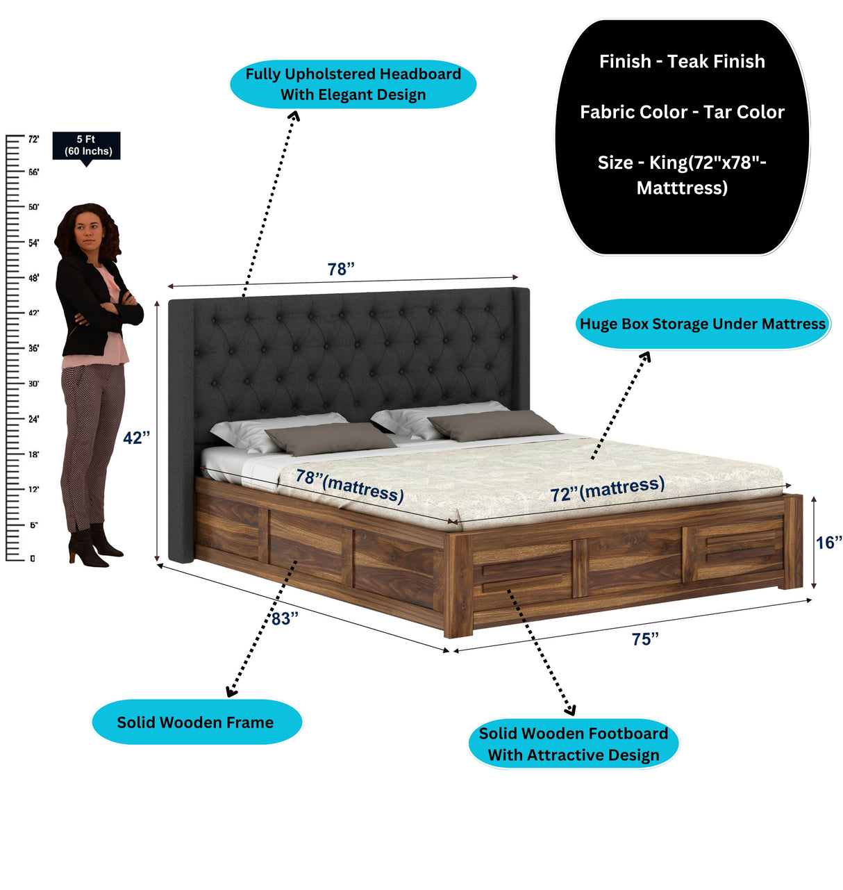 Swiss Solid Sheesham Wood Bed With Box Storage & Fabrio Style Upholstered Headboard-3 years Warranty(LUXE EDITION)