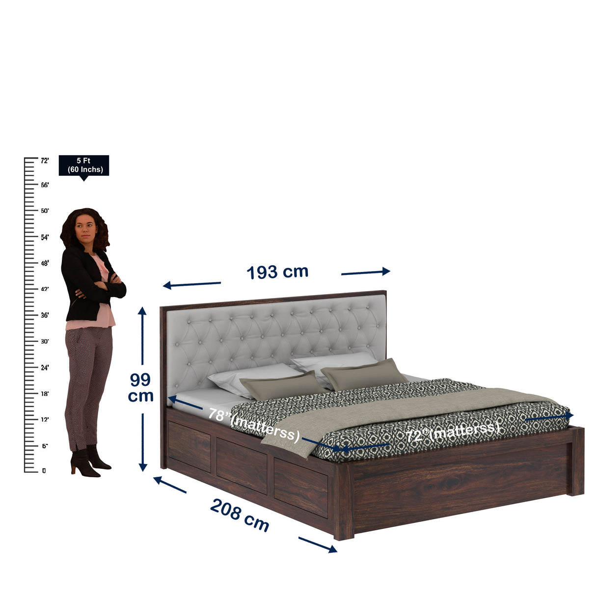 Decan Solid Sheesham Wood Bed with Hydraulic Storage and Upholstery Headboard - 3 Years Warranty