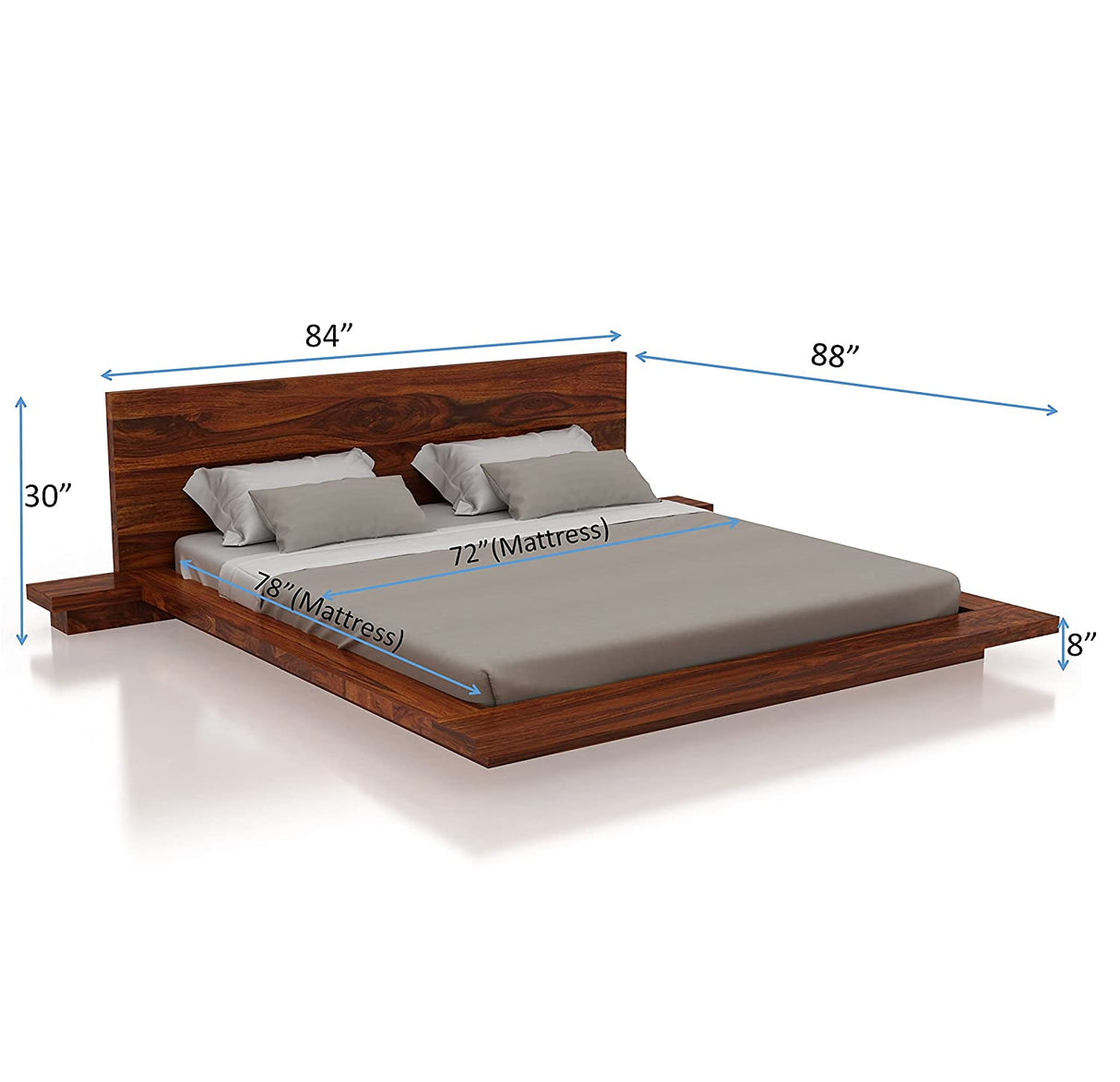 Lurid Solid Sheesham Wood Low Height Platform Bed with bedsides - 3 years Warranty