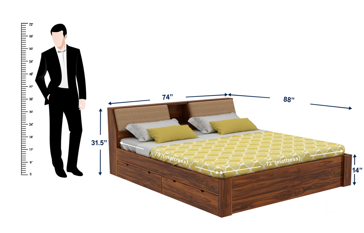 Mayor Solid Sheesham Wood Bed with Four Drawer Storage - 3 Years Warranty