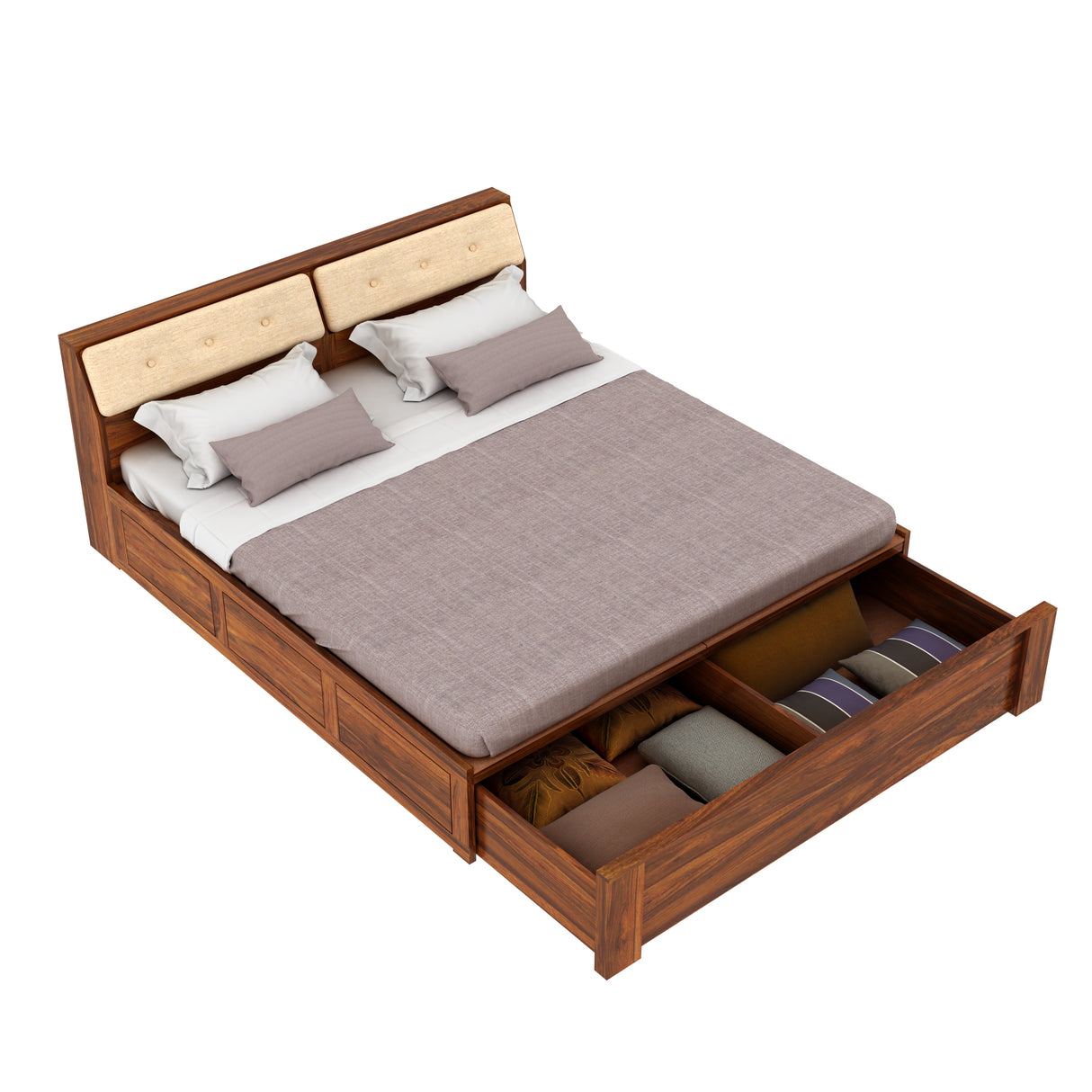 Victoria Solid Sheesham Wood Bed With Half Box and Trolly Storage - 3 years Warranty