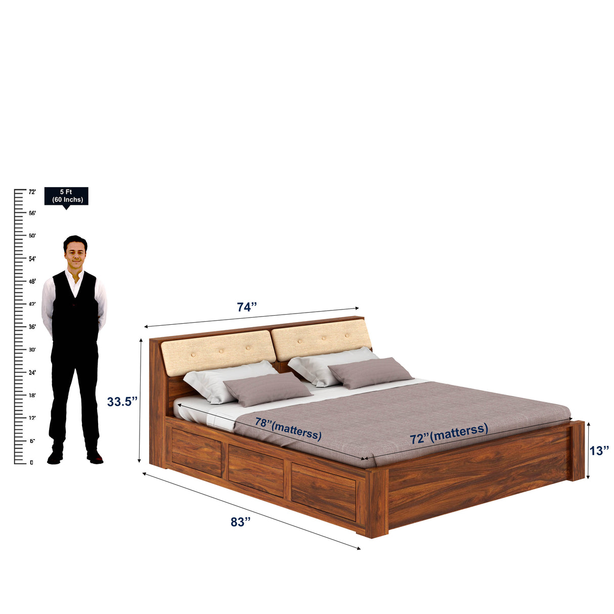 Victoria Solid Sheesham Wood Bed With Half Box and Trolly Storage - 3 years Warranty