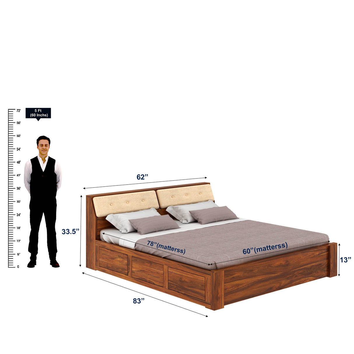 Victoria Solid Sheesham Wood Bed With Half Box and Trolly Storage - 3 years Warranty