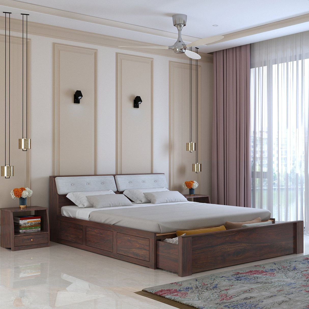 Victoria Solid Sheesham Wood Bed With Half Box and Trolly Storage - 3 years Warranty