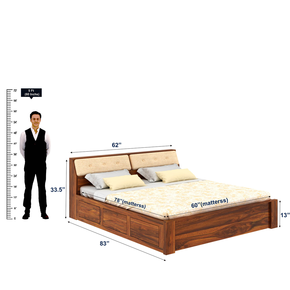 Victoria Solid Sheesham Wood Hydraulic Storage Bed - 3 years Warranty