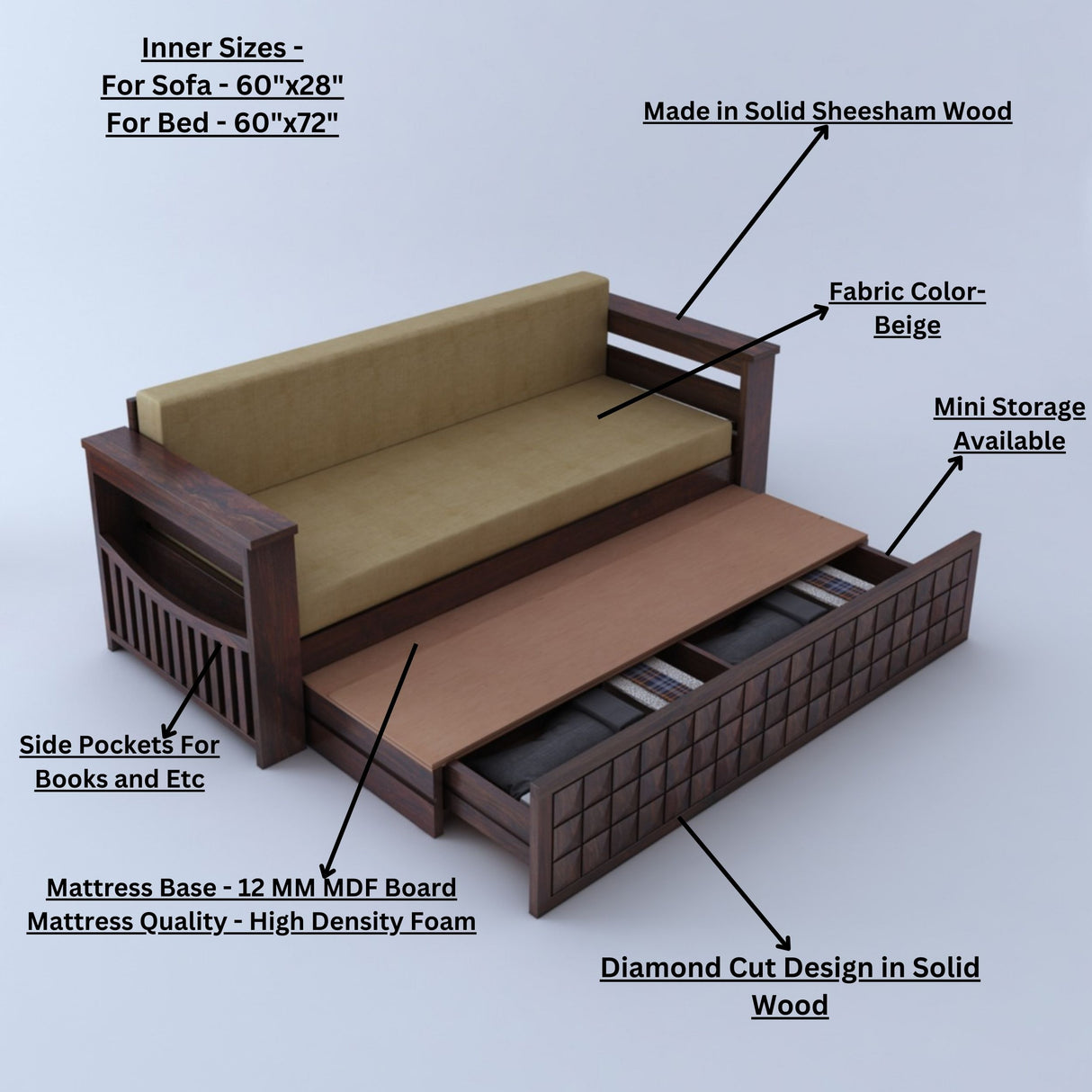 OSLO Solid Sheesham Wood 3 Seater Sofa Cum Bed With Mini Storage and Side Pockets - 3 Years Warranty