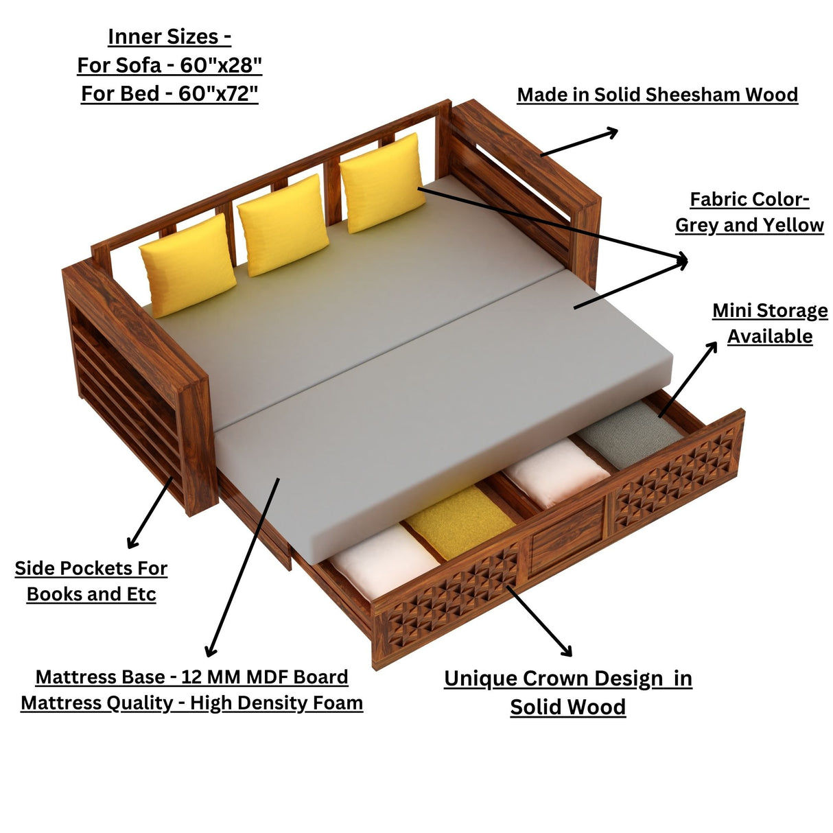 Raj Solid Sheesham Wood 3 Seater Sofa Cum Bed with Mini Storage and Side Pockets - 3 Years Warranty