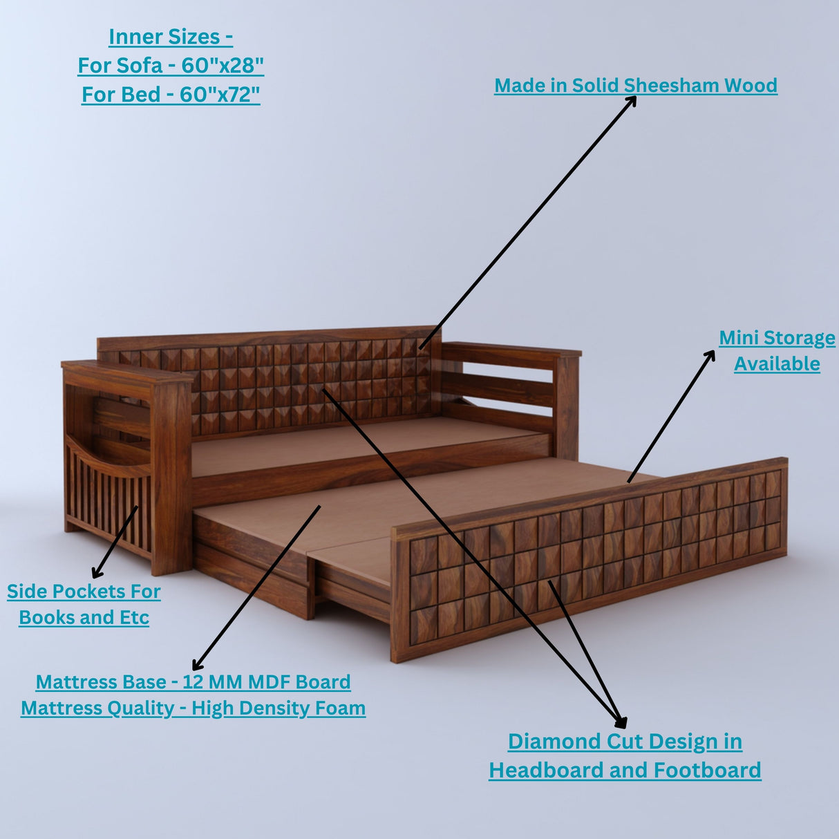 OSLO Solid Sheesham Wood 3 Seater Sofa Cum Bed With Headboard and Mini Storage - 3 Years Warranty