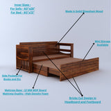 Italian Solid Sheesham Wood 3 Seater Sofa Cum Bed With Headboard and Mini Storage - 3 Year Warranty