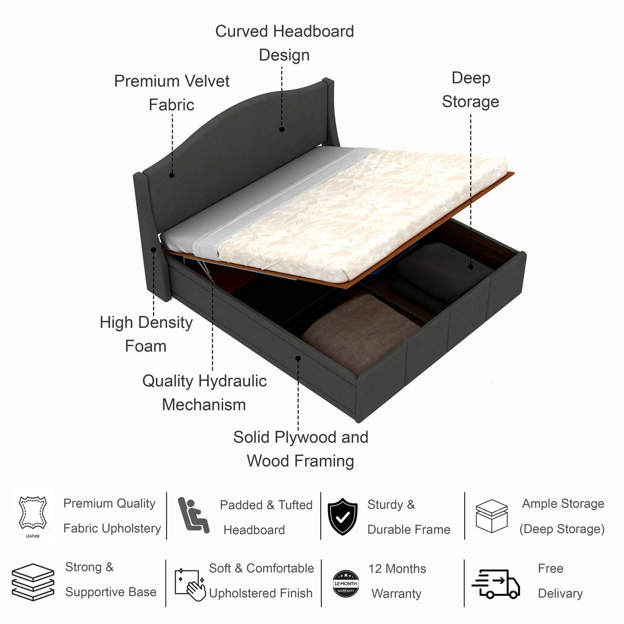 Maron Upholstered Bed With Hydraulic Box Storage - 12 Months Warranty(LUXE EDITION)