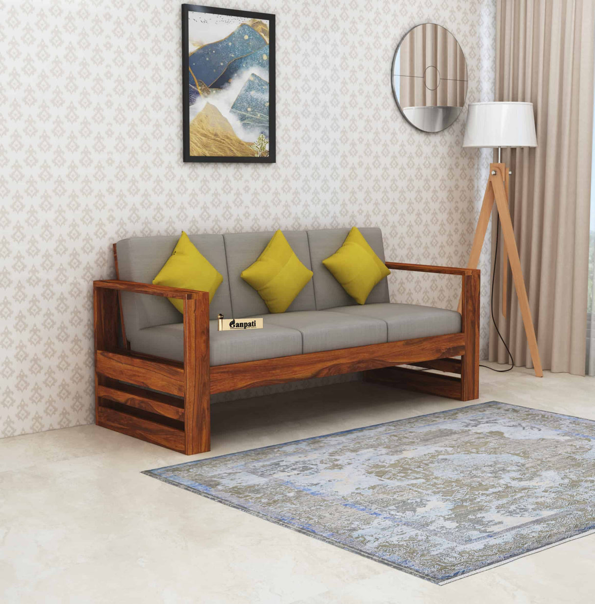 Lurid Solid Sheesham Wood 3 Seater Sofa With Side Pockets - 3 Years Warranty
