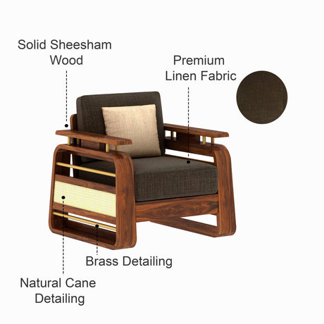Edin Solid Sheesham Wood Single Seater Sofa With Cane & Brass Detailing - 3 Year Warranty (LUXE EDITION)