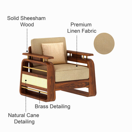 Edin Solid Sheesham Wood Single Seater Sofa With Cane & Brass Detailing - 3 Year Warranty (LUXE EDITION)