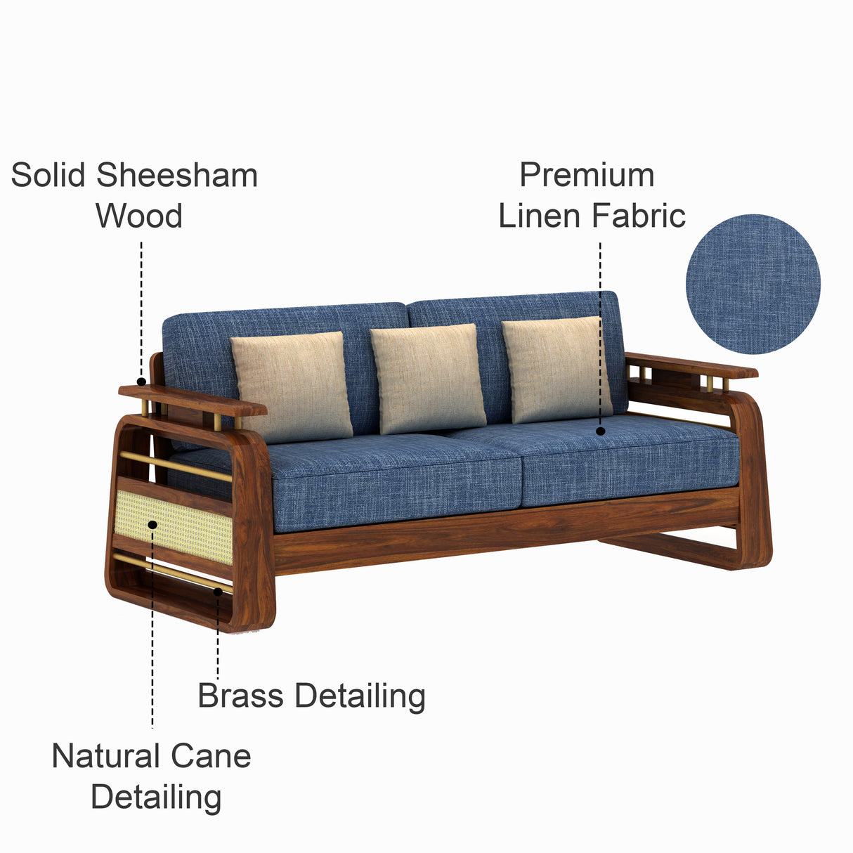 Edin Solid Sheesham Wood 3 Seater Sofa With Cane & Brass Detailing - 3 Year Warranty (LUXE EDITION)