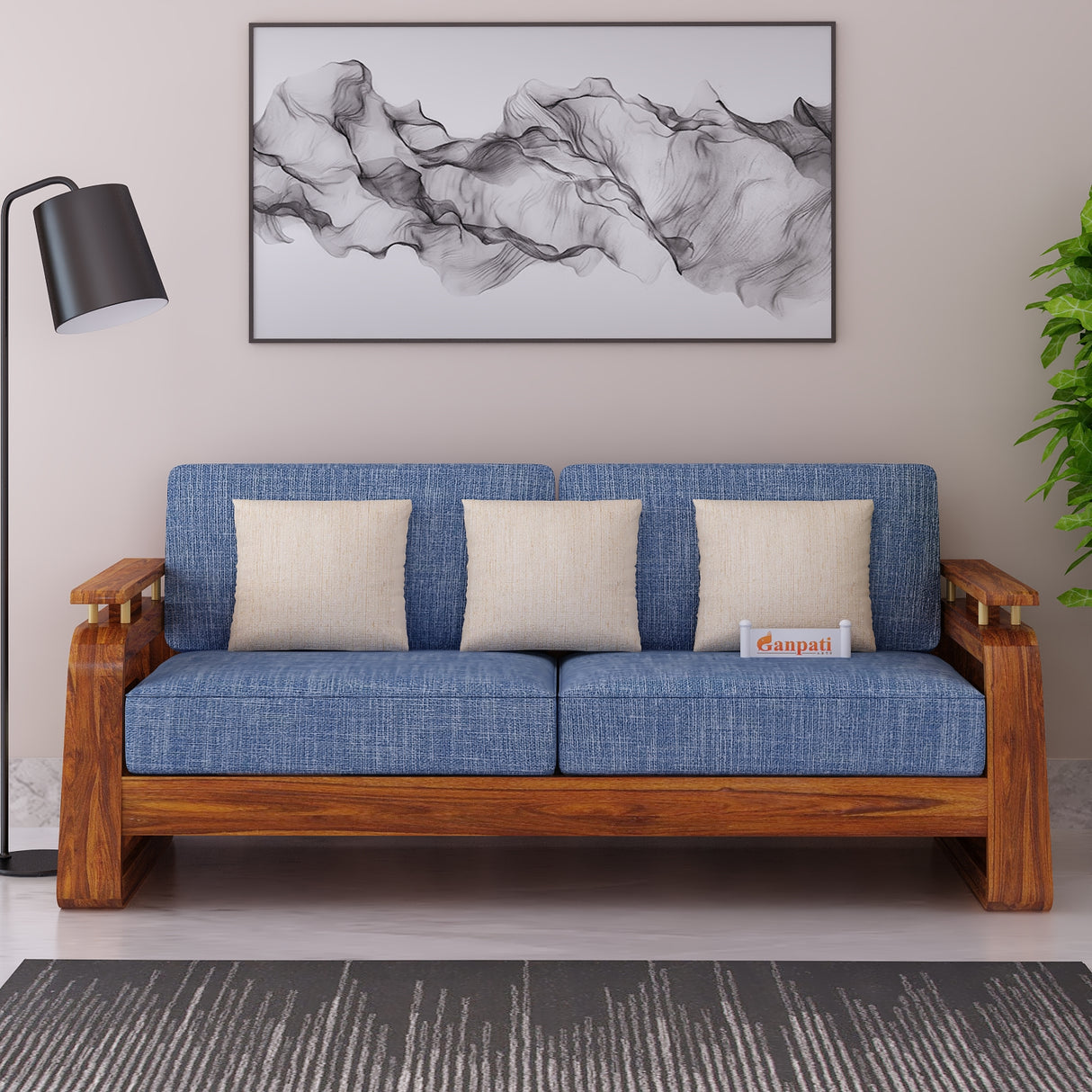 Edin Solid Sheesham Wood 3 Seater Sofa With Cane & Brass Detailing - 3 Year Warranty (LUXE EDITION)