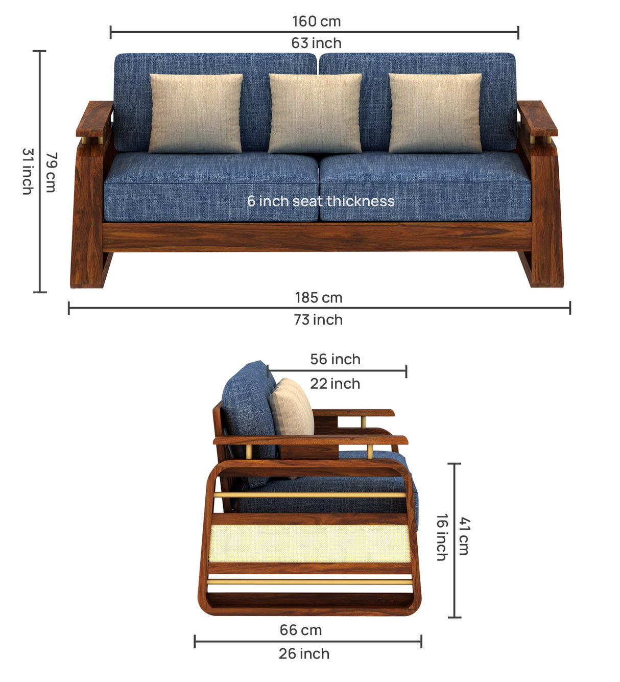 Edin Solid Sheesham Wood 3 Seater Sofa With Cane & Brass Detailing - 3 Year Warranty (LUXE EDITION)