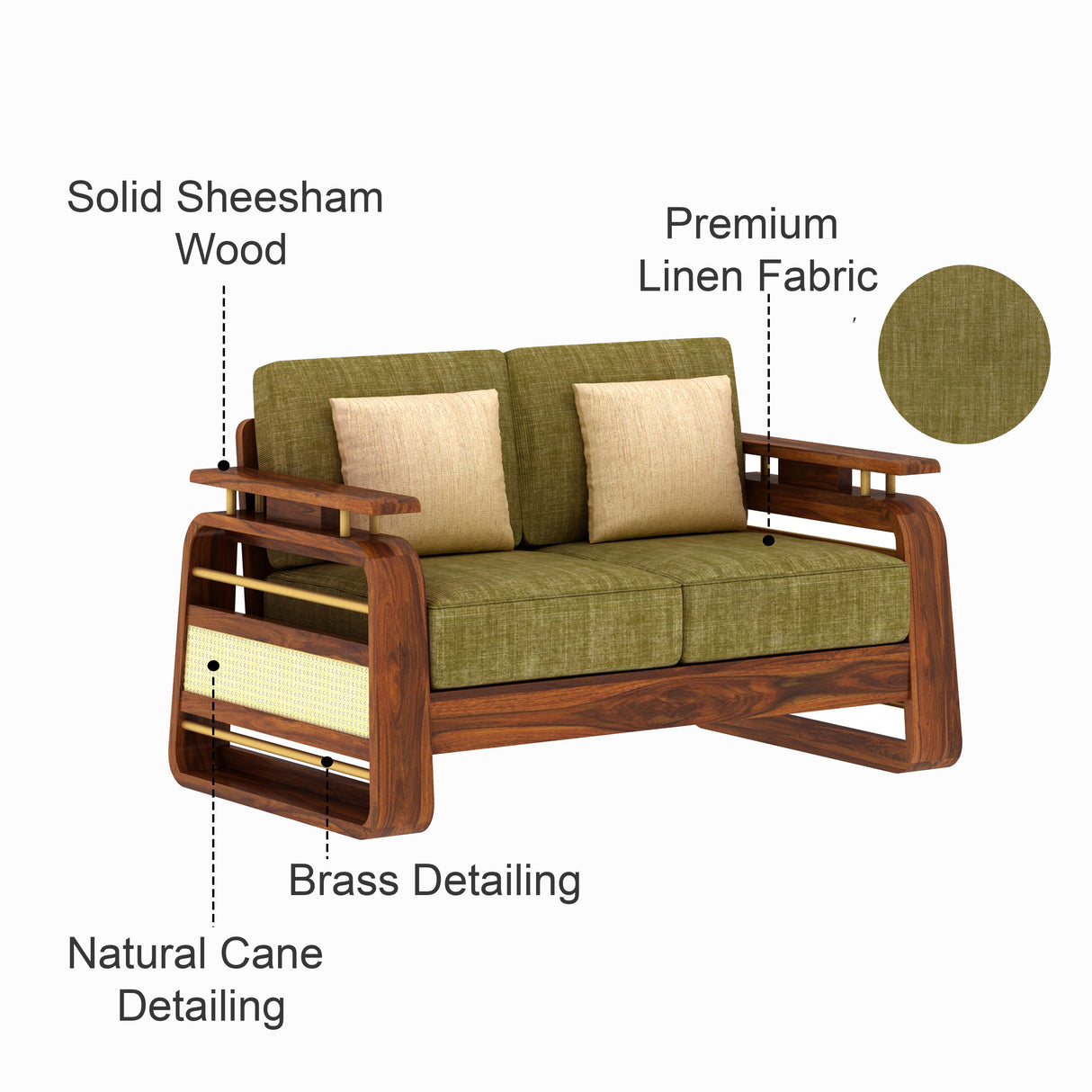 Edin Solid Sheesham Wood 2 Seater Sofa With Cane & Brass Detailing - 3 Year Warranty (LUXE EDITION)