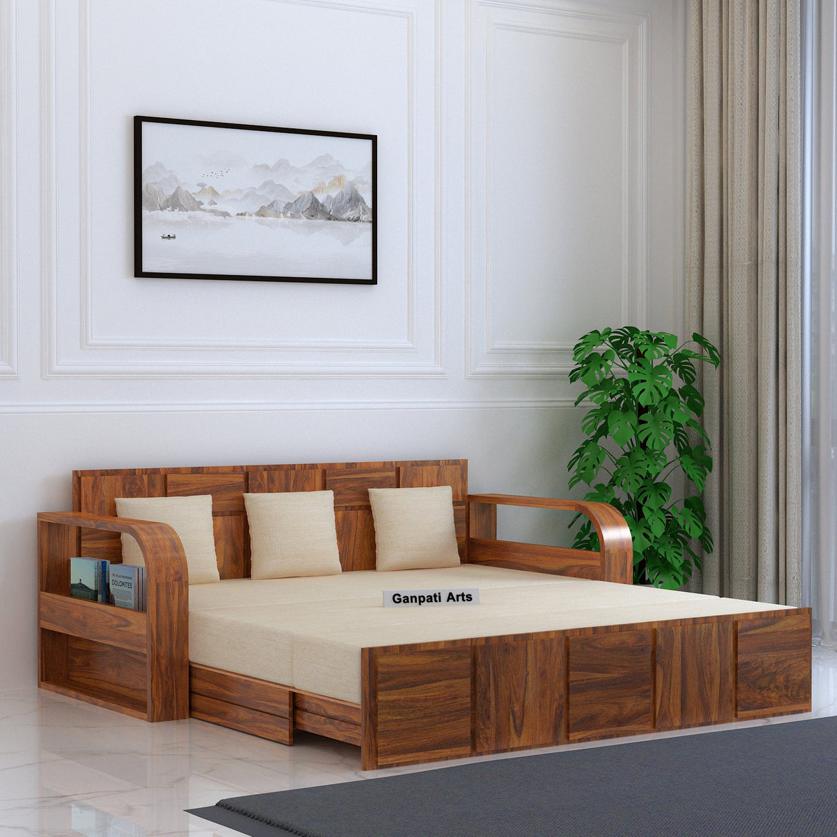 Scott Solid Sheesham Wood 3 Seater Sofa Cum Bed with Headboard Design - 3 Years Warranty