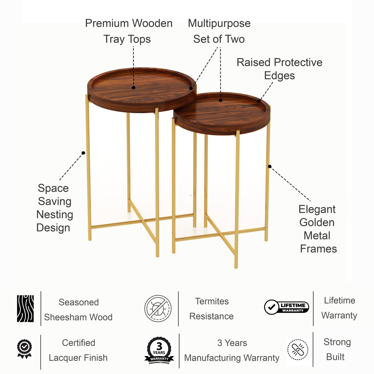 Tray Solid Sheesham Wood End Table With Iron Stand - 3 Years Warranty