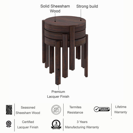 Round Solid Sheesham Wood Nesting Stools - 3 Years Warranty