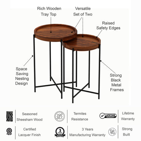 Tray Solid Sheesham Wood End Table With Iron Stand - 3 Years Warranty