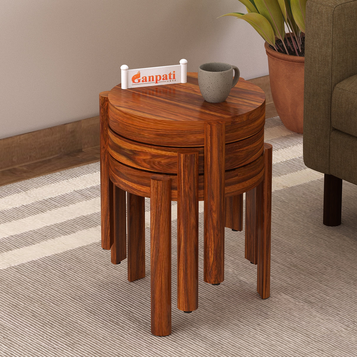 Round Solid Sheesham Wood Nesting Stools - 3 Years Warranty