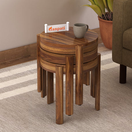Round Solid Sheesham Wood Nesting Stools - 3 Years Warranty