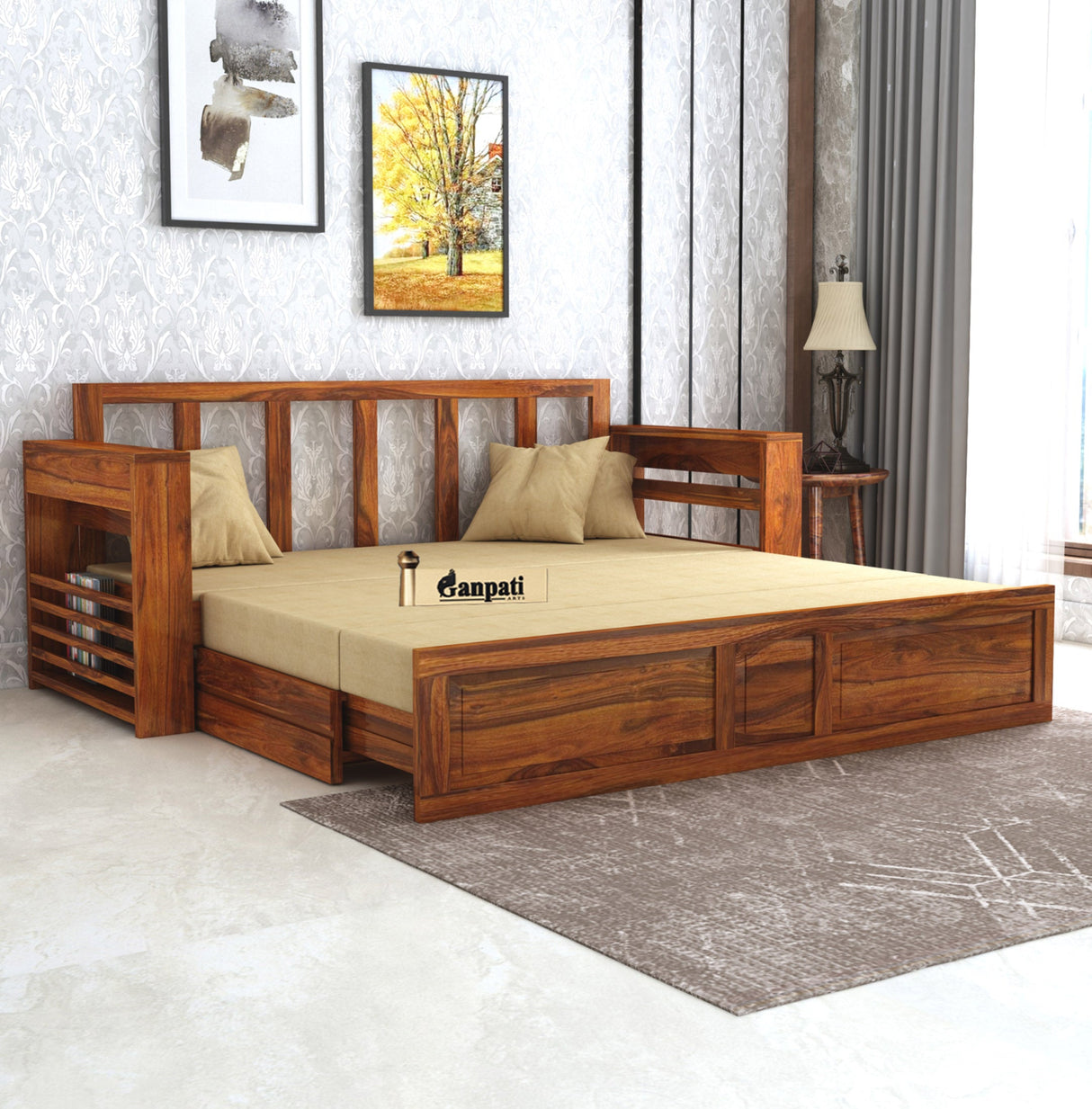 Lurid Solid Sheesham Wood 3 Seater Sofa Cum Bed Walnut with Side Pockets - 3 Years Warranty