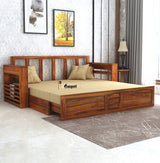 Lurid Solid Sheesham Wood 3 Seater Sofa Cum Bed Walnut with Side Pockets - 3 Years Warranty