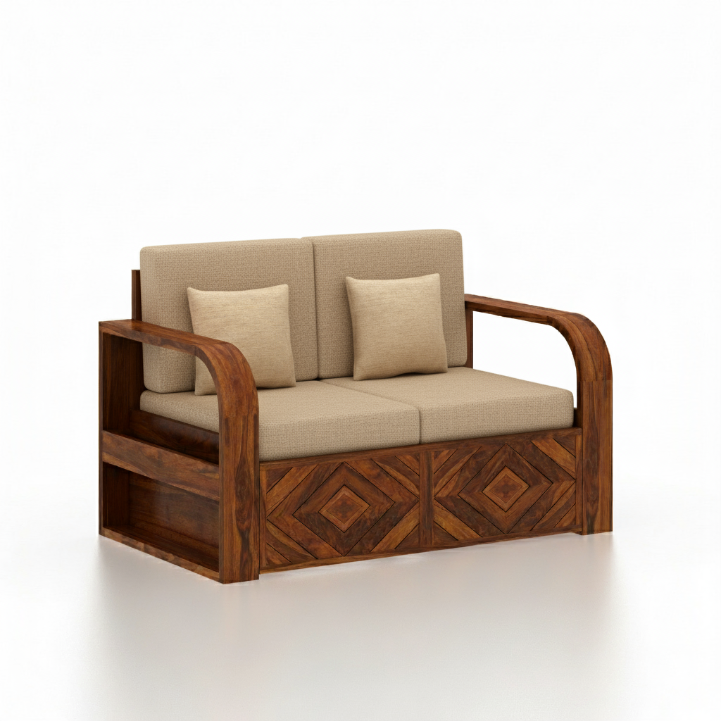 Wave Solid Sheesham Wood 2 Seater Sofa With Side Pockets - 3 Years Warranty