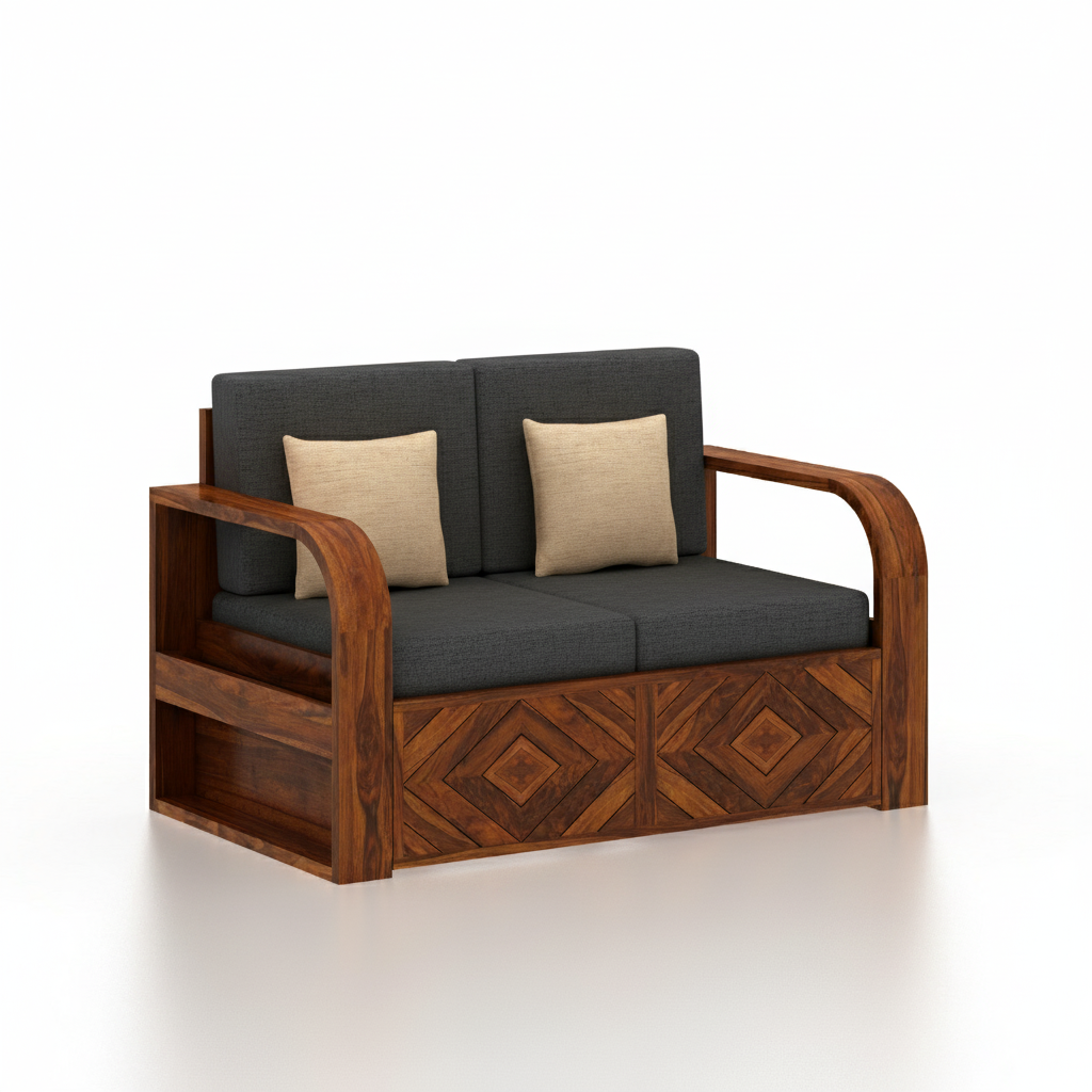Wave Solid Sheesham Wood 2 Seater Sofa With Side Pockets - 3 Years Warranty