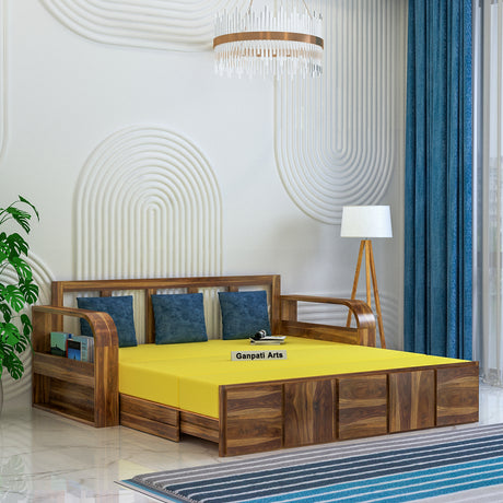 Scott Solid Sheesham Wood 3 Seater Sofa Cum Bed with Side Pockets - 3 years Warranty