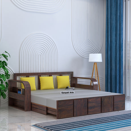 Scott Solid Sheesham Wood 3 Seater Sofa Cum Bed with Side Pockets - 3 years Warranty