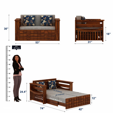 OSLO Solid Sheesham Wood 2 Seater Sofa Cum Bed With Headboard and Mini Storage - 3 Years Warranty