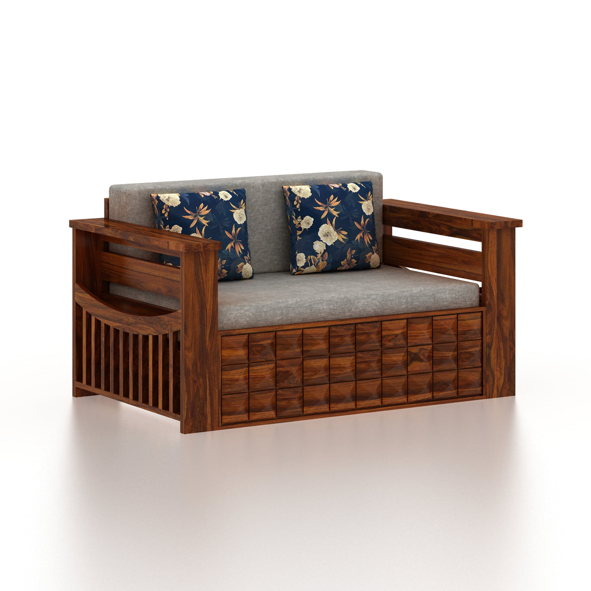 OSLO Solid Sheesham Wood 2 Seater Sofa Cum Bed With Headboard and Mini Storage - 3 Years Warranty