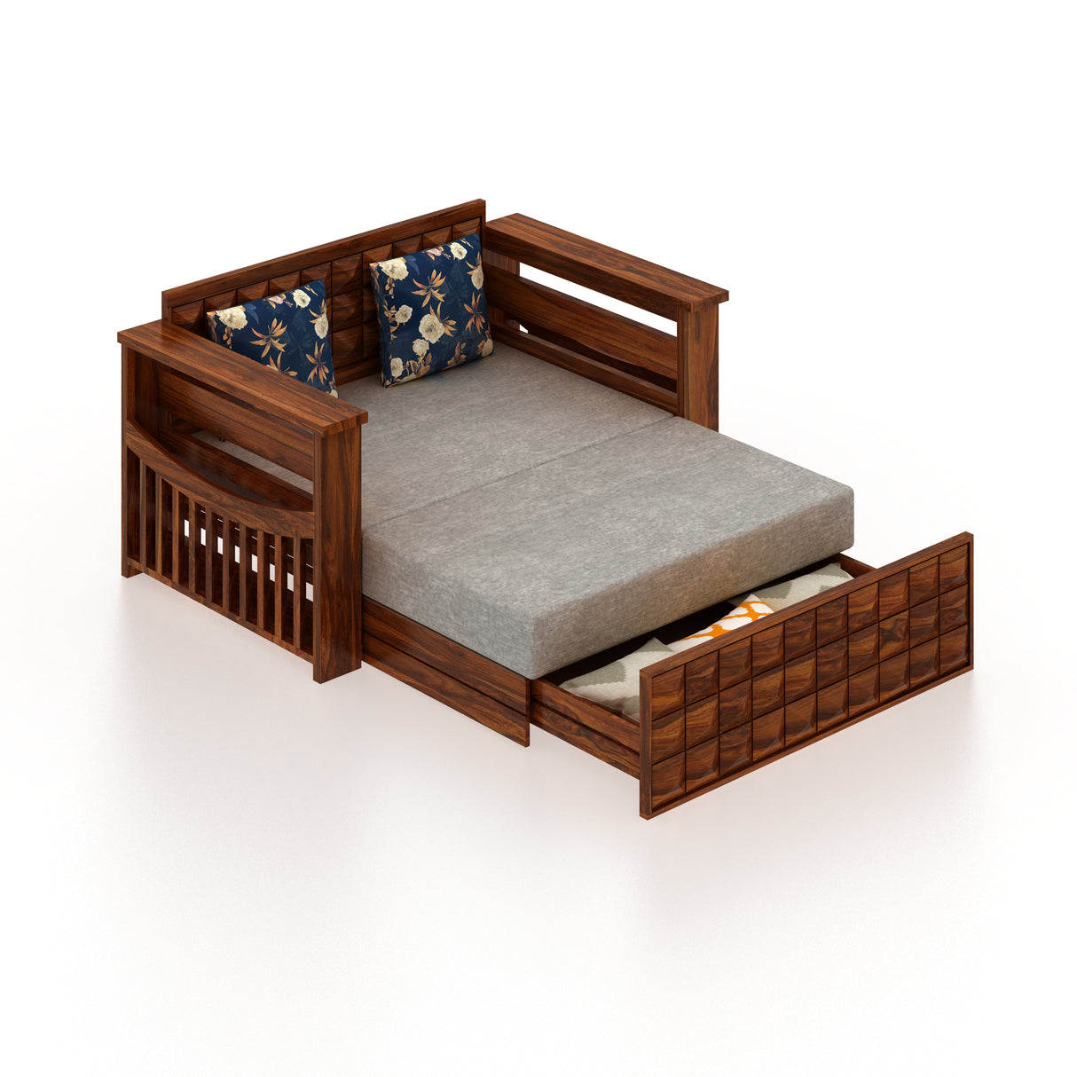 OSLO Solid Sheesham Wood 2 Seater Sofa Cum Bed With Headboard and Mini Storage - 3 Years Warranty