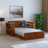 OSLO Solid Sheesham Wood 2 Seater Sofa Cum Bed With Headboard and Mini Storage - 3 Years Warranty