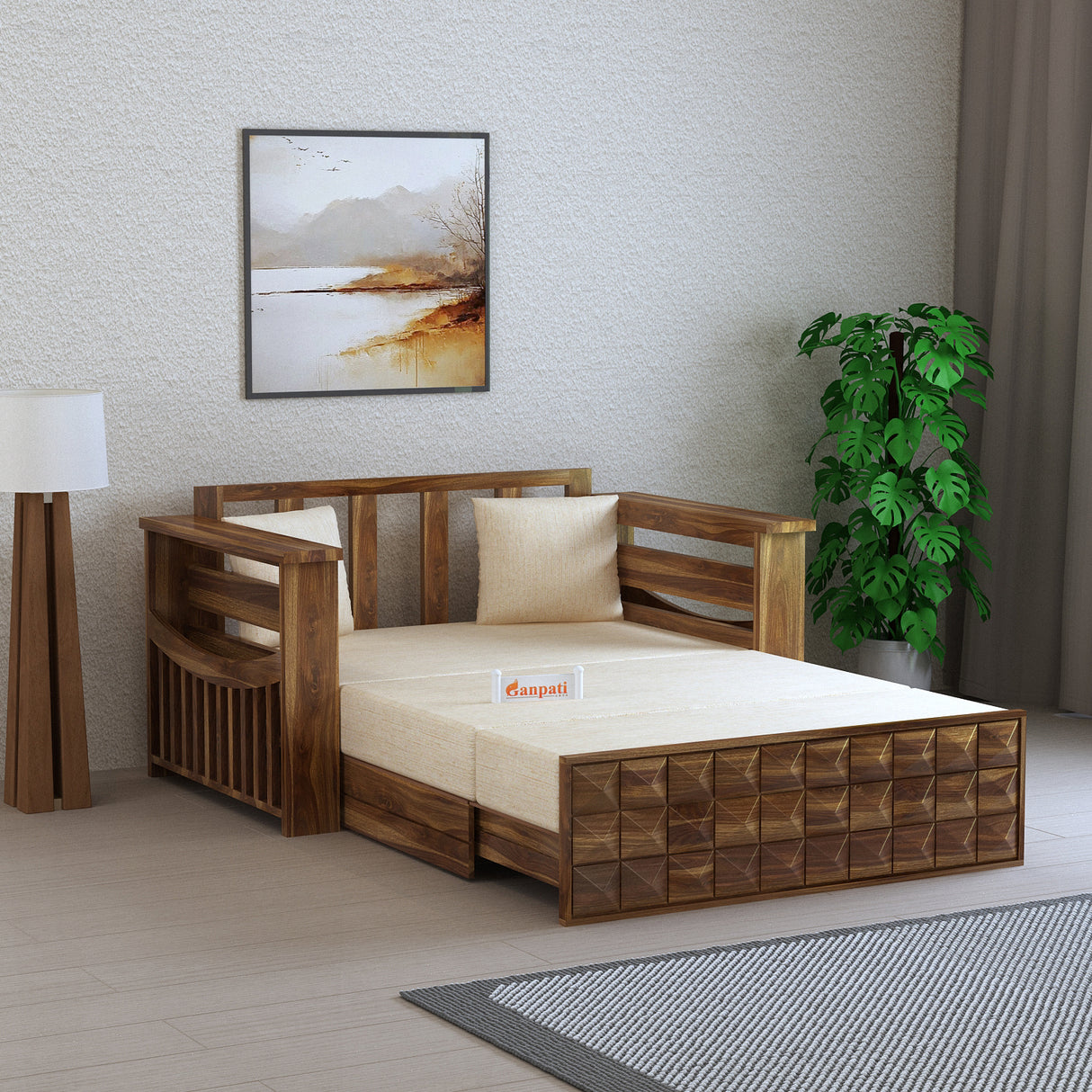 OSLO Solid Sheesham Wood Two Seater Sofa Cum Bed With Side Pocket - 3 Years Warranty